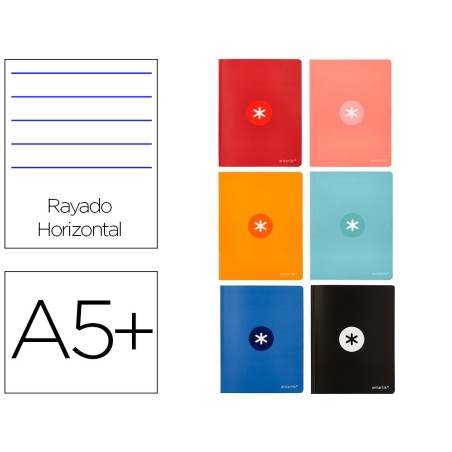 Libreta antartik a5 plus cosida 48 hojas 90g/m2 rayado horizontal con margen 6 colores surtidos