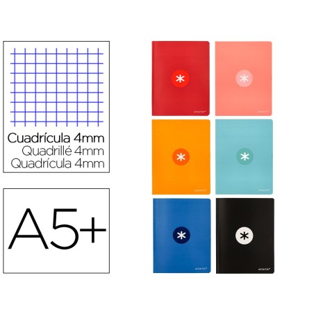 Libreta antartik a5 plus cosida 48 hojas 90g/m2 cuadro 4mm con margen 6 colores surtidos