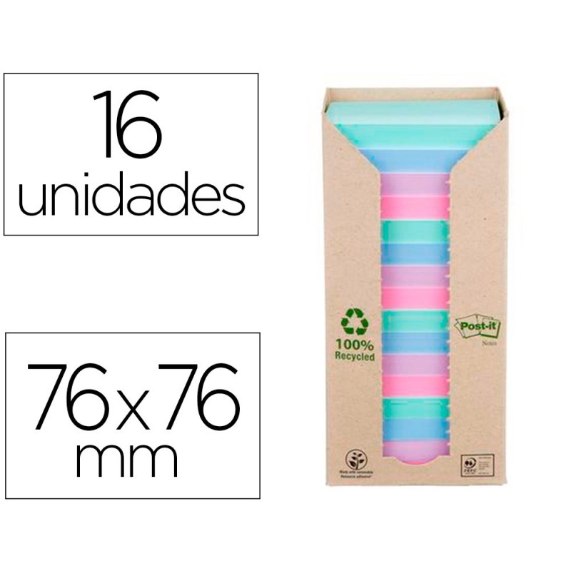 Bloc de notas adhesivas quita y pon post-it 76x76 mm 100% reciclado pefc en torre pack de 16 unidades colores