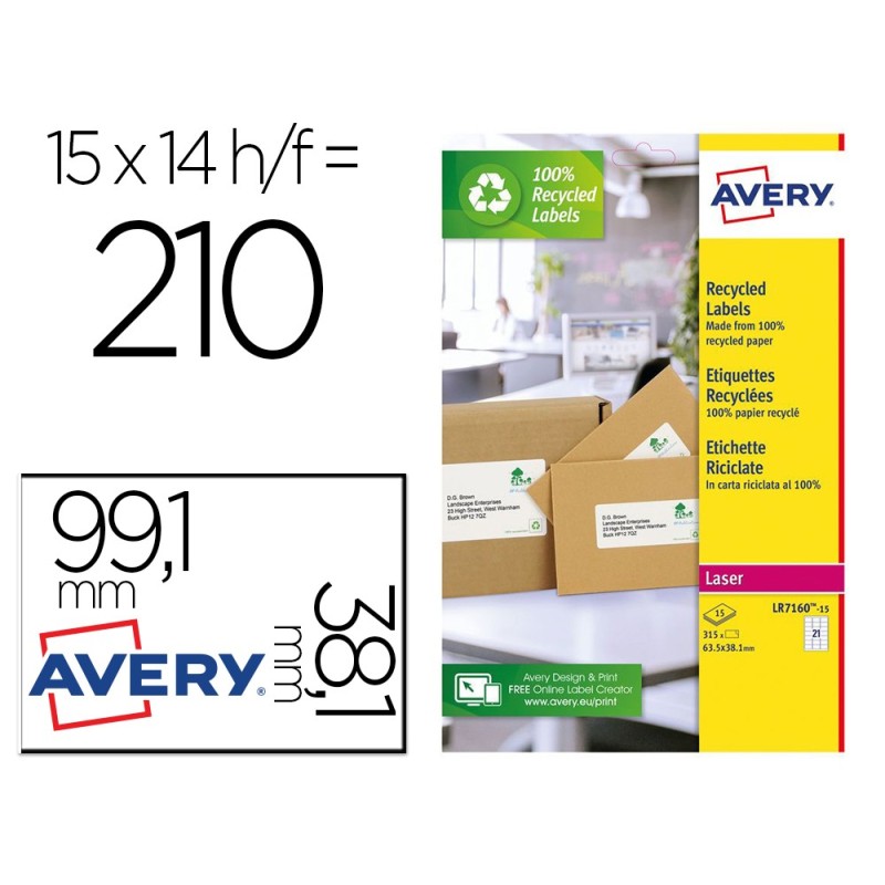 Etiqueta adhesiva avery blanca permanente reciclada 100% laser 99,1x38,1 mm caja de 210 unidades Etiqueta adhesiva avery blanca permanente reciclada 100% laser 99,1x38,1 mm caja de 210 unidades