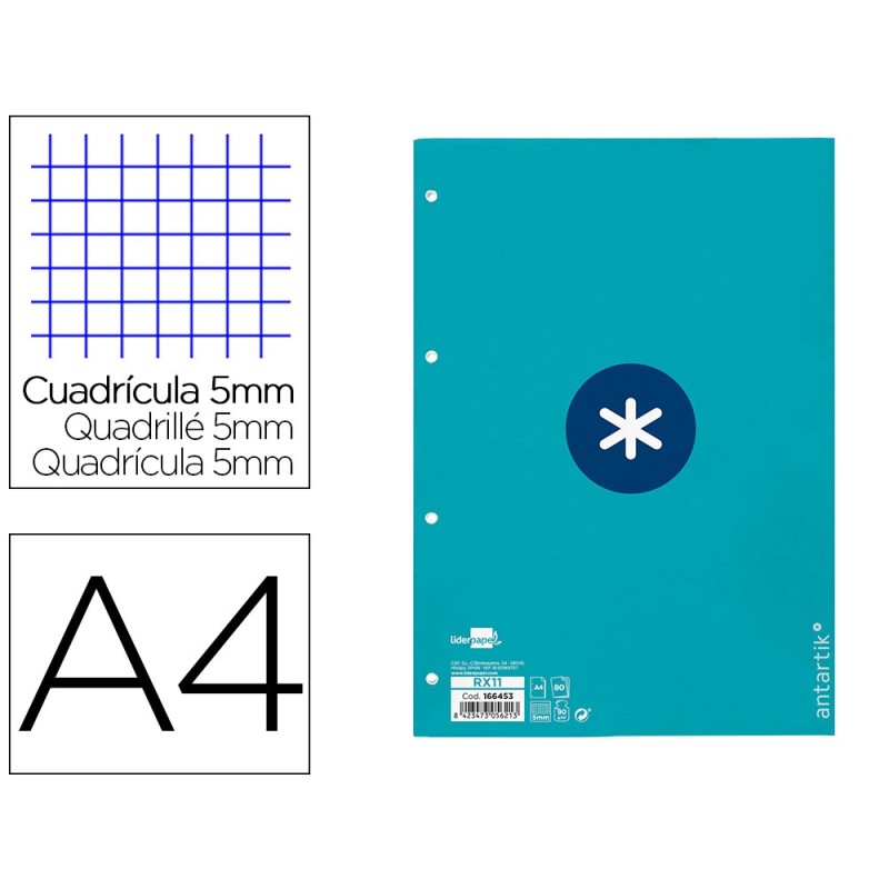 Recambio a4 antartik 80 hojas 90g/m2 cuadro 5mm 4 taladros 1 banda con marco color turquesa Recambio a4 antartik 80 hojas 90g/m2 cuadro 5mm 4 taladros 1 banda con marco color turquesa
