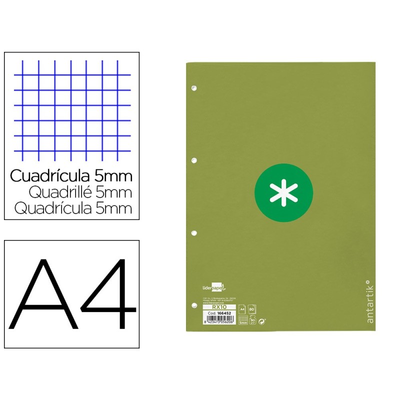 Recambio a4 antartik 80 hojas 90g/m2 cuadro 5mm 4 taladros 1 banda con marco color verde