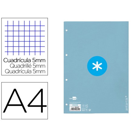 Recambio a4 antartik 80 hojas 90g/m2 cuadro 5mm 4 taladros 1 banda con marco color celeste