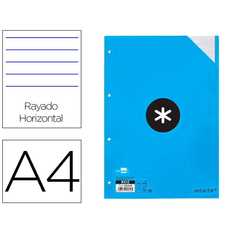 Recambio antartik a4 100 hojas 100g/m2 rayado horizontal 4 taladros bandas de 5 colores Recambio antartik a4 100 hojas 100g/m2 rayado horizontal 4 taladros bandas de 5 colores