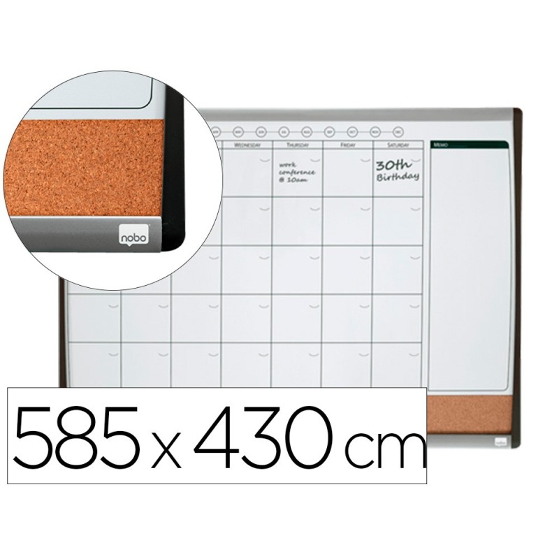 Planificador mensual nobo magnetico  tablero corcho horizontal con marco arqueado plata y negro 585x430 mm