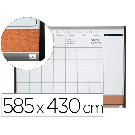 Planificador mensual nobo magnetico  tablero corcho horizontal con marco arqueado plata y negro 585x430 mm
