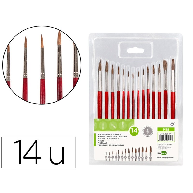 Pinceles acuarela liderpapel virola cromada pelo engomado blister de 14 unidades surtidas Pinceles acuarela liderpapel virola cromada pelo engomado blister de 14 unidades surtidas