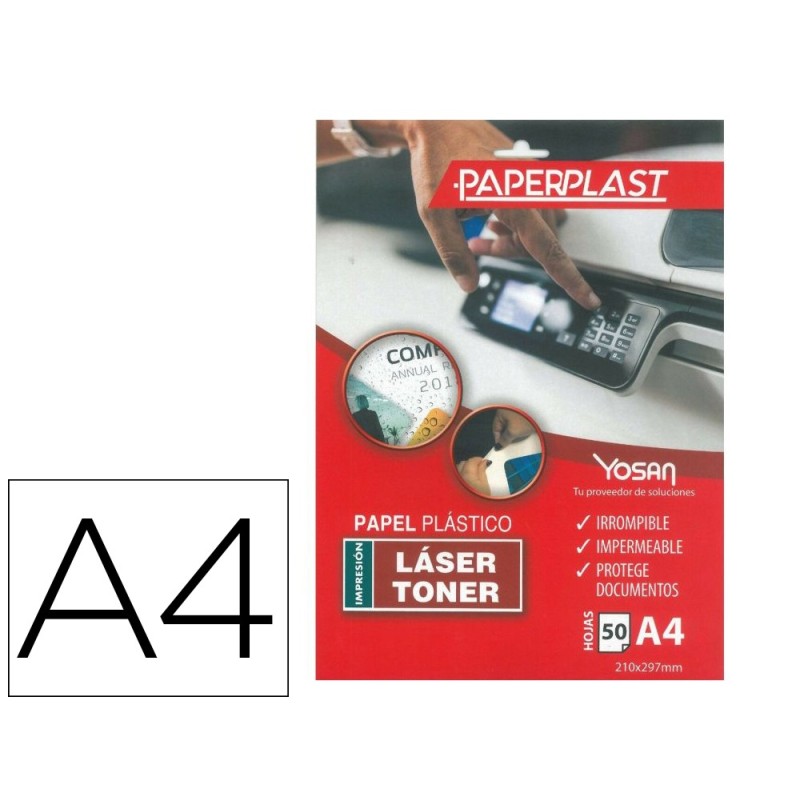 Papel plastico yosan paperplast poliester blanco brillo din a4 200 mc imprimible paquete de 50 hojas