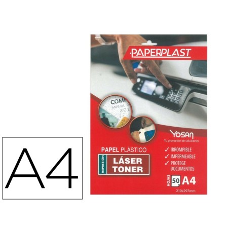 Papel plastico yosan paperplast poliester blanco brillo din a4 200 mc imprimible paquete de 50 hojas