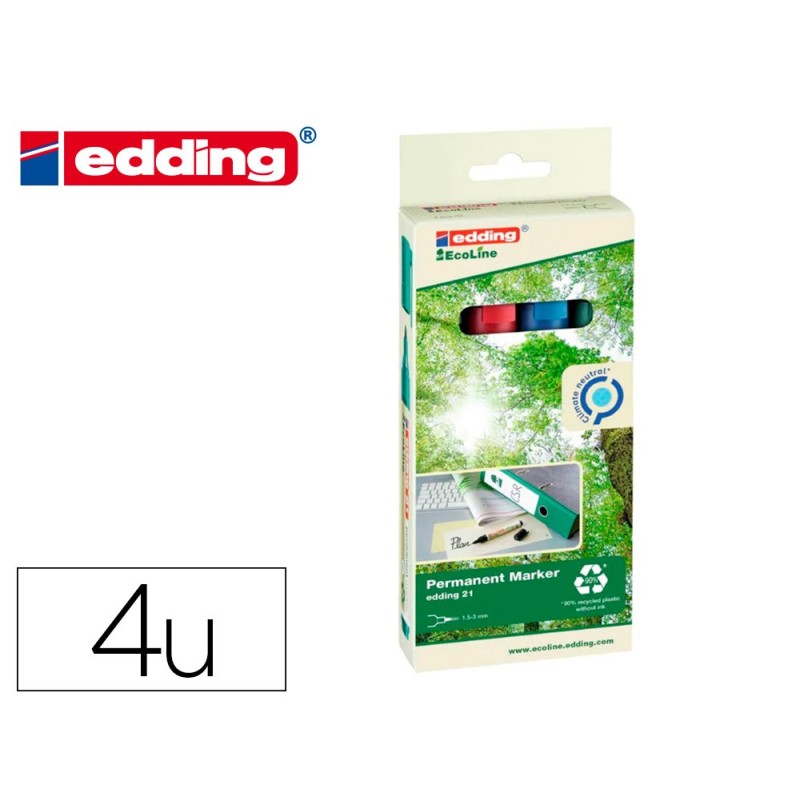 Rotulador edding 21 marcador permanente ecoline 90% reciclado bolsa 4 colores surtidos punta redonda 1,5-3 Rotulador edding 21 marcador permanente ecoline 90% reciclado bolsa 4 colores surtidos punta redonda 1,5-3