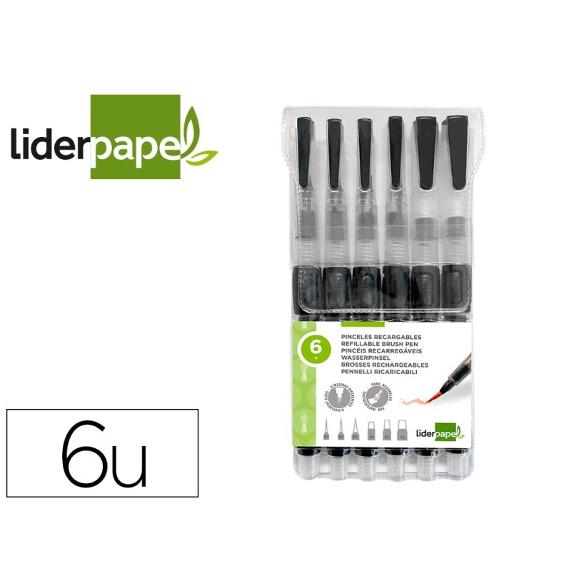 Pincel liderpapel recargable para productos acuarelables set de 6 unidades grosor puntas surtidas Pincel liderpapel recargable para productos acuarelables set de 6 unidades grosor puntas surtidas