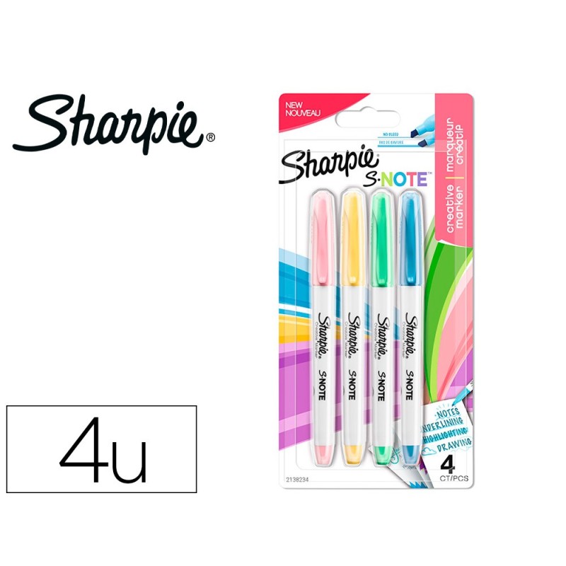 Rotulador sharpie permanente s-note punta biselada trazo 1,2 /3,87 mm blister 4 unidades colores surtidos