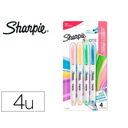 Rotulador sharpie permanente s-note punta biselada trazo 1,2 /3,87 mm blister 4 unidades colores surtidos