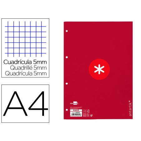 Recambio a4 antartik 80 hojas 90g/m2 cuadro 5 mm 4 taladros 1 banda marco color frambuesa