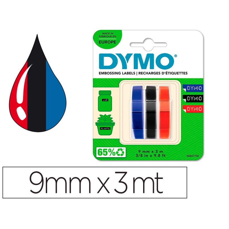 Cinta dymo 3d 9mm x 3mt para rotuladora omega/junior color azul/negro/rojo blister 3 unidades Cinta dymo 3d 9mm x 3mt para rotuladora omega/junior color azul/negro/rojo blister 3 unidades