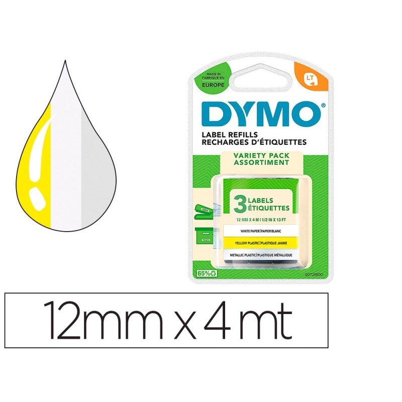Cinta dymo metalizada letratag 12mm x 4mt papel blanco / plastico amarillo / metalica plata pack de 3 Cinta dymo metalizada letratag 12mm x 4mt papel blanco / plastico amarillo / metalica plata pack de 3