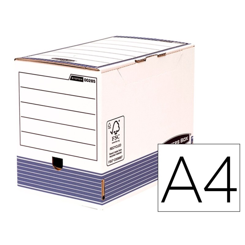 Caja archivo definitivo fellowes a4 carton reciclado 100% lomo 200 mm montaje automatico color azul