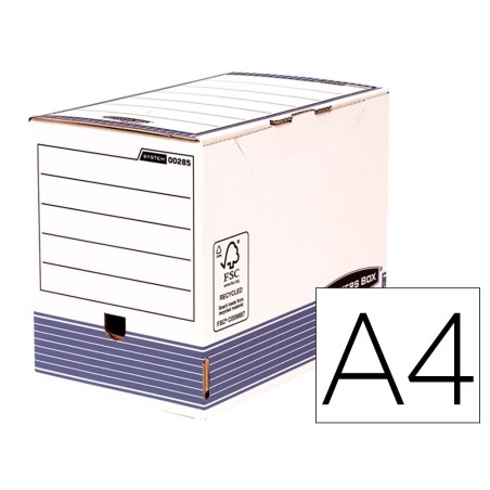 Caja archivo definitivo fellowes a4 carton reciclado 100% lomo 200 mm montaje automatico color azul