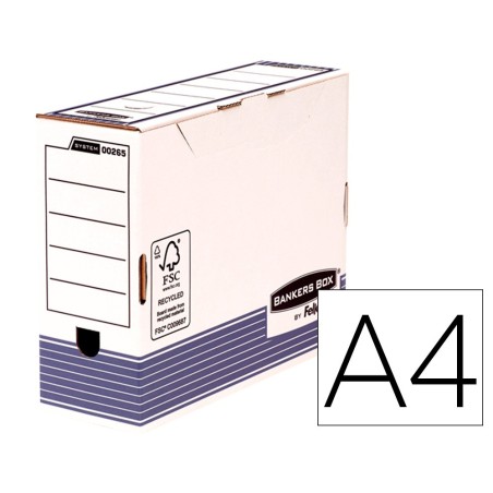 Caja archivo definitivo fellowes a4 carton reciclado 100% lomo 100 mm montaje automatico color azul