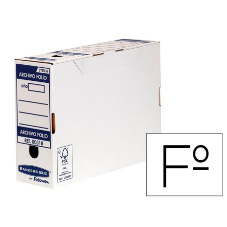 Caja archivo definitivo fellowes folio carton reciclado 100% lomo 100 mm montaje automatico color azul