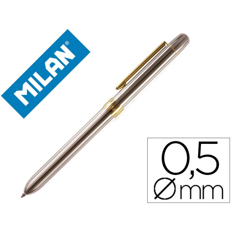 Boligrafo milan multifuncion cromado adornos dorados azul/rojo/portaminas 0,5 mm/ goma de borrar en caja metal Boligrafo milan multifuncion cromado adornos dorados azul/rojo/portaminas 0,5 mm/ goma de borrar en caja metal