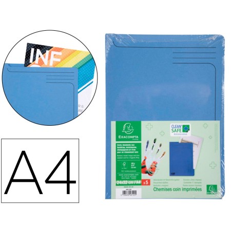 Carpeta dossier uñero exacompta clean safe cartulina 400 gr din a4 azul paquete de 5 unidades