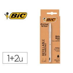 Boligrafo bic cristal renew cuerpo en aluminio mate tinta negro  2 recambios en caja de carton