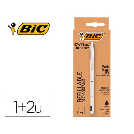 Boligrafo bic cristal renew cuerpo en aluminio mate tinta negro  2 recambios en caja de carton