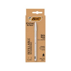 Boligrafo bic cristal renew cuerpo en aluminio mate tinta negro  2 recambios en caja de carton