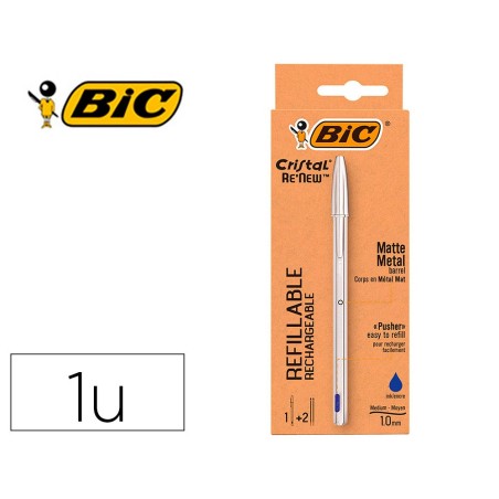 Boligrafo bic cristal renew cuerpo en aluminio mate tinta azul  2 recambios en caja de carton