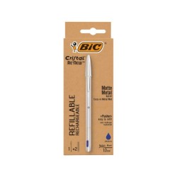 Boligrafo bic cristal renew cuerpo en aluminio mate tinta azul  2 recambios en caja de carton