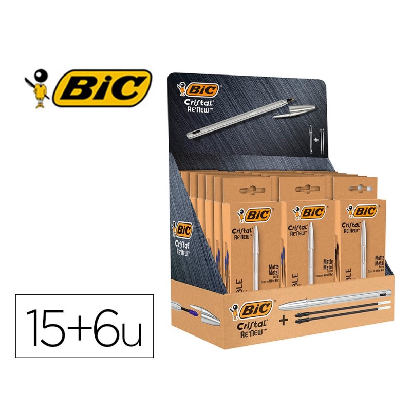 Boligrafo bic cristal renew 21 expositor 15 unidades azul  6 negro regalo 50 bic cristal azul