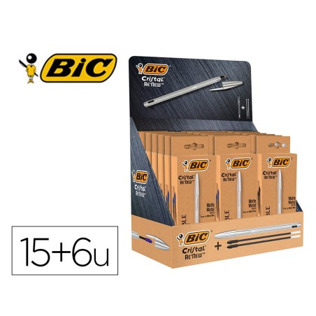 Boligrafo bic cristal renew 21 expositor 15 unidades azul  6 negro regalo 50 bic cristal azul