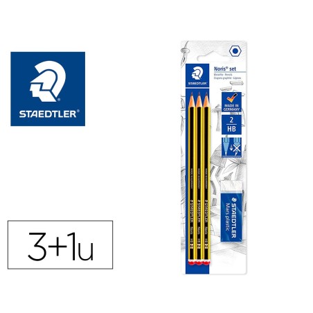 Lapices de grafito staedtler noris n.2 hb blister de 3 unidades  1 goma de borrar mars plastic