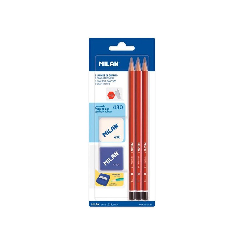 Lapices de grafito milan hexagonal hb  goma 430  afilalapiz blister de 3 unidades