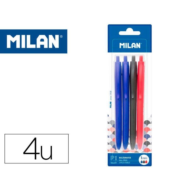 Boligrafo milan p1 retractil 1 mm touch blister de 4 unidades colores surtidos Boligrafo milan p1 retractil 1 mm touch blister de 4 unidades colores surtidos