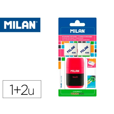 Sacapuntas milan compact touch duo plastico 2 usos con goma  2 recambios de goma en blister