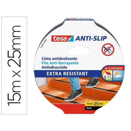 Cinta antideslizante adhesiva tesa uso interior / exterior color negro 15 mt x 25 mm