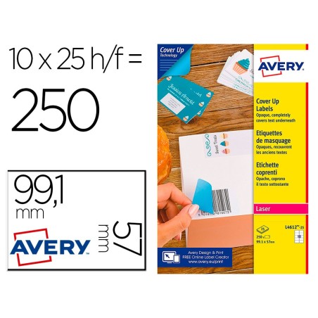 Etiqueta adhesiva cubriente avery permanente para impresora laser blanca 99,1x57 mm caja de 250 unidades