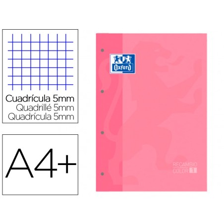 Recambio color 1 oxford din a4 80 hojas 90 gr cuadro 5 mm 4 taladros color rosa chicle