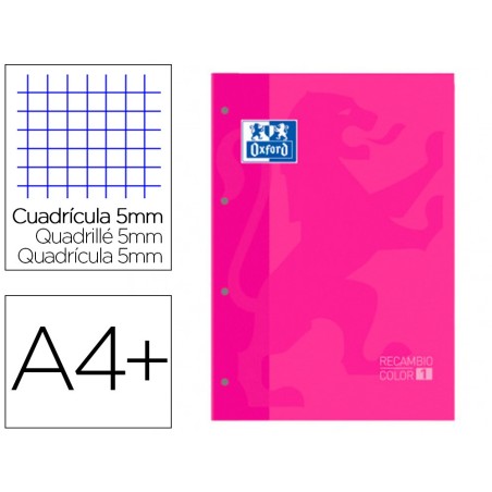 Recambio color 1 oxford din a4 80 hojas 90 gr cuadro 5 mm 4 taladros color fucsia