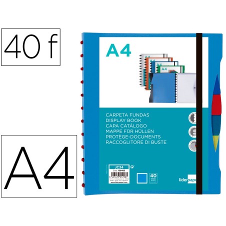 Carpeta liderpapel a4 con 40 fundas intercambiables 5 sep sobre y gomilla portada y lomo personalizable azul