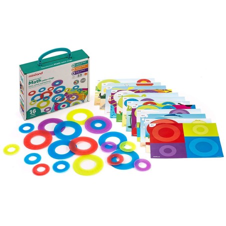 Juego miniland set de 16 aros translucidos y 12 tarjetas de actividades de diferentes tematicas 235x195x80 mm