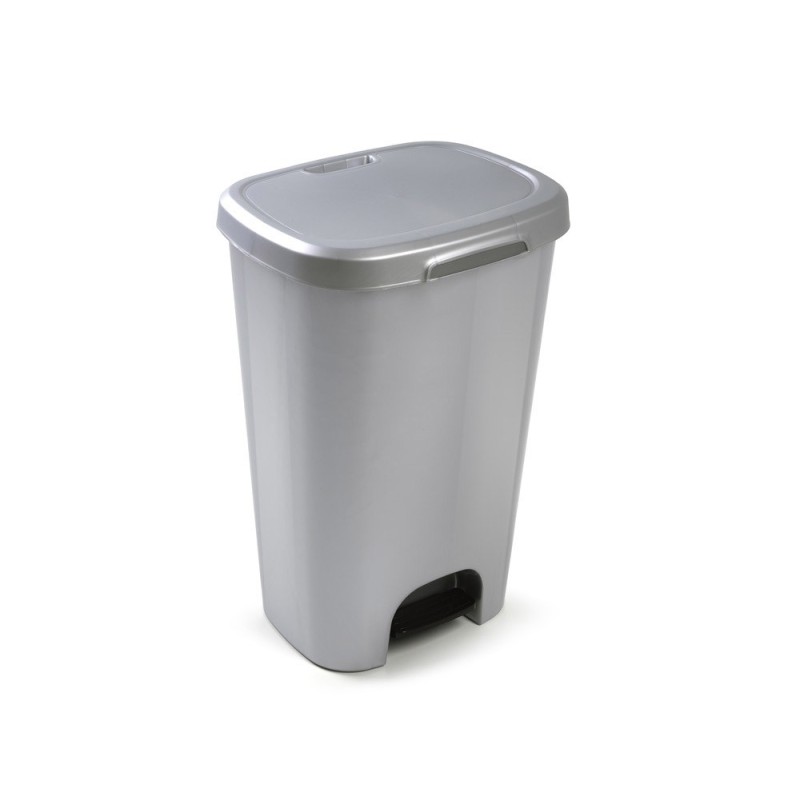 Papelera contenedor plasticforte plastico con tapadera y pedal 50 litros color plata 410x360x635 mm