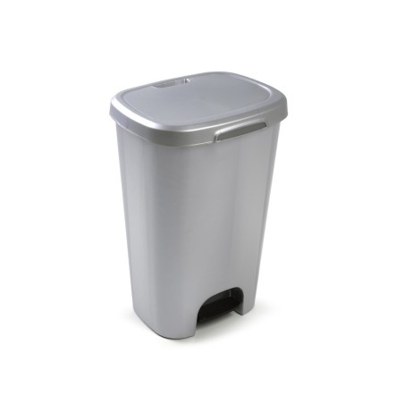 Papelera contenedor plasticforte plastico con tapadera y pedal 50 litros color plata 410x360x635 mm