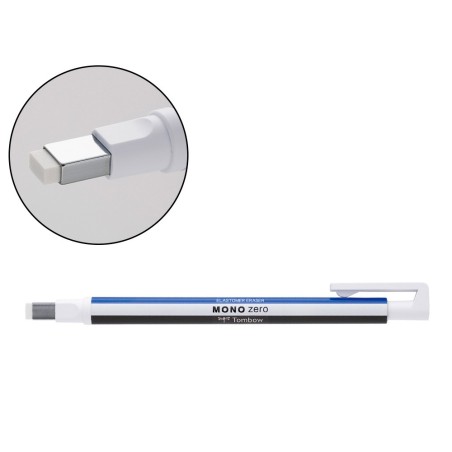 Portagomas tombow mono zero con clip goma rectangular 2,5 x 5 mm color blanco azul y negro