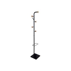 Perchero metalico q-connect negro con detalles de madera 6 colgadores y paraguero 174x28,5 cm