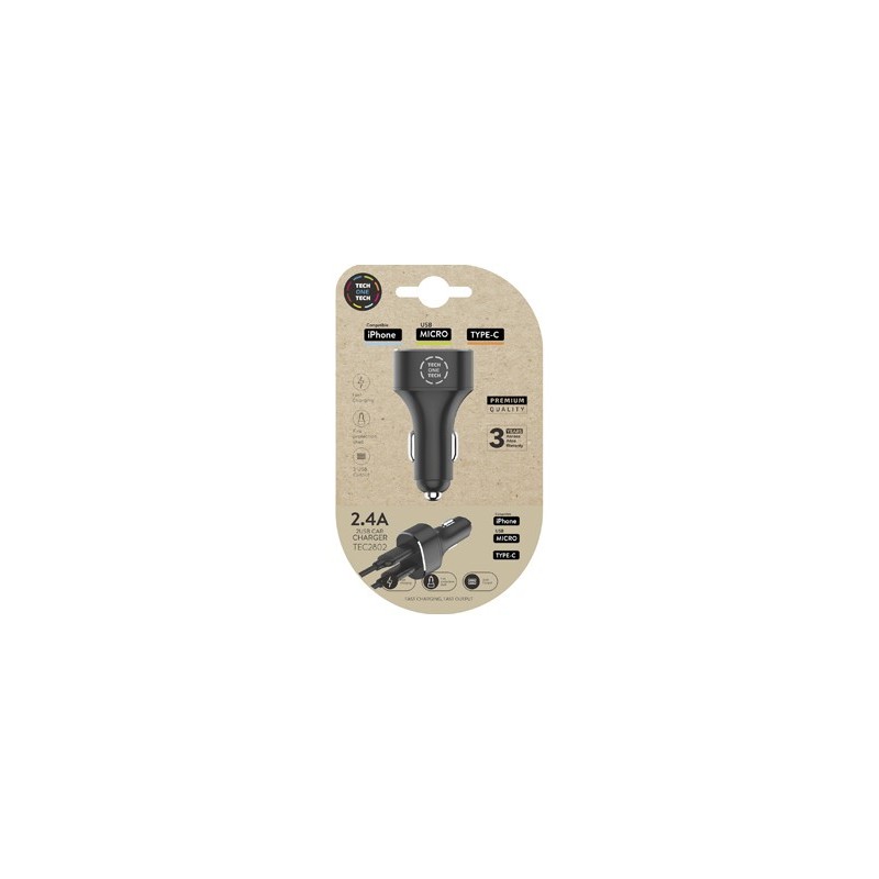 Cargador tech one tech 2.4 coche mechero doble para iphone / usb micro / type-c color negro