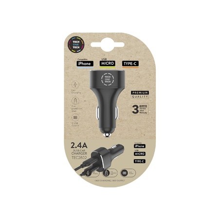 Cargador tech one tech 2.4 coche mechero doble para iphone / usb micro / type-c color negro