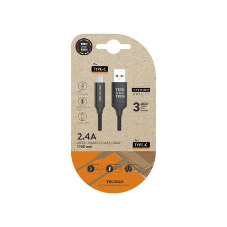 Cable usb tech one tech braided nylon tipo usb-c multi longitud 1 mt 2a color negro